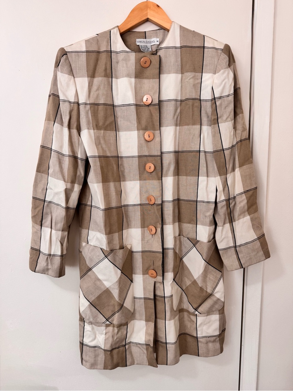 Vintage Simon Chang Linen Blend Plaid Long Jacket Size 4 Made in Hong Kong
